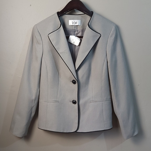 Le Suit NWOT Black Trim Gray Winged Collar 2 Button Blazer Suit Jacket - SIZE 8 - Picture 2 of 12